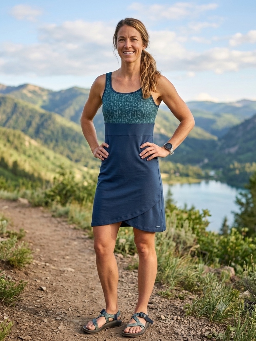 Title Nine Connelly Trellis Athletic Tank Dress Built In Bra Blue Women's Large
